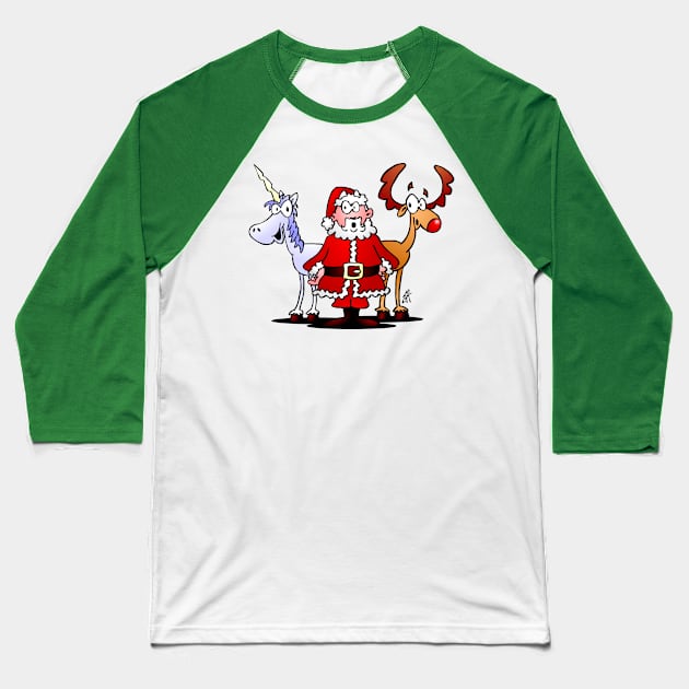 Santa, reindeer and a unicorn Baseball T-Shirt by Cardvibes